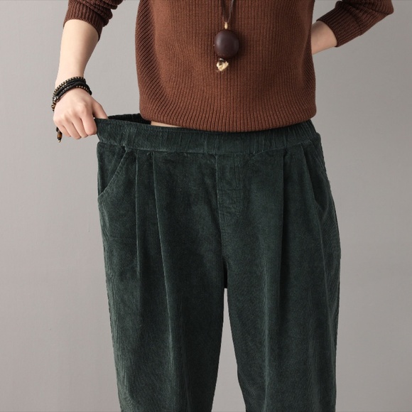 Corduroy Elastic Waist Loose Fit Brown Pants Small - Picture 10 of 11